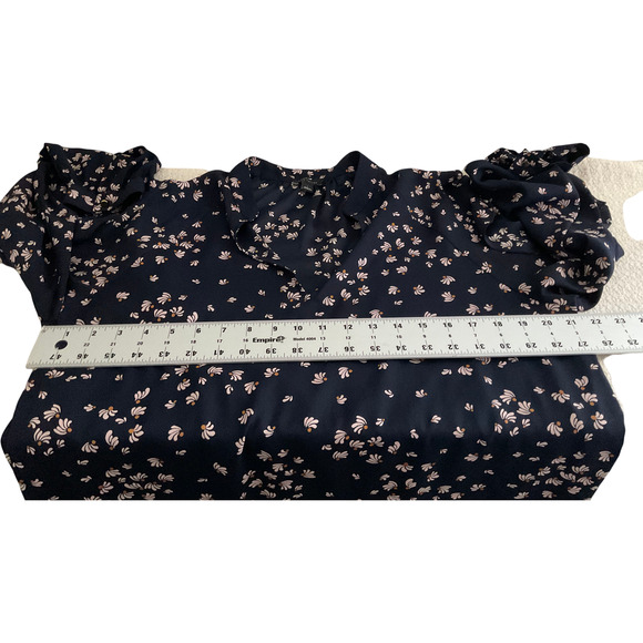 Ann Taylor Women's Large Navy Blue Blouse Floral Cold Shoulder Sleeve Polyester - Picture 4 of 11